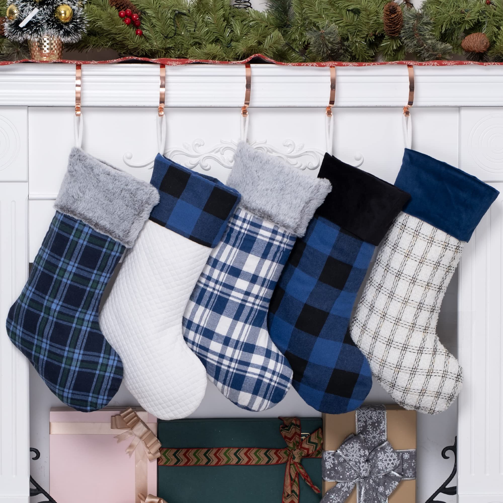 Merry & Bright Blue Plaid Christmas Stockings Set of 5 – Soft, Large Holiday Stockings for Fireplace, Tree & Home Décor