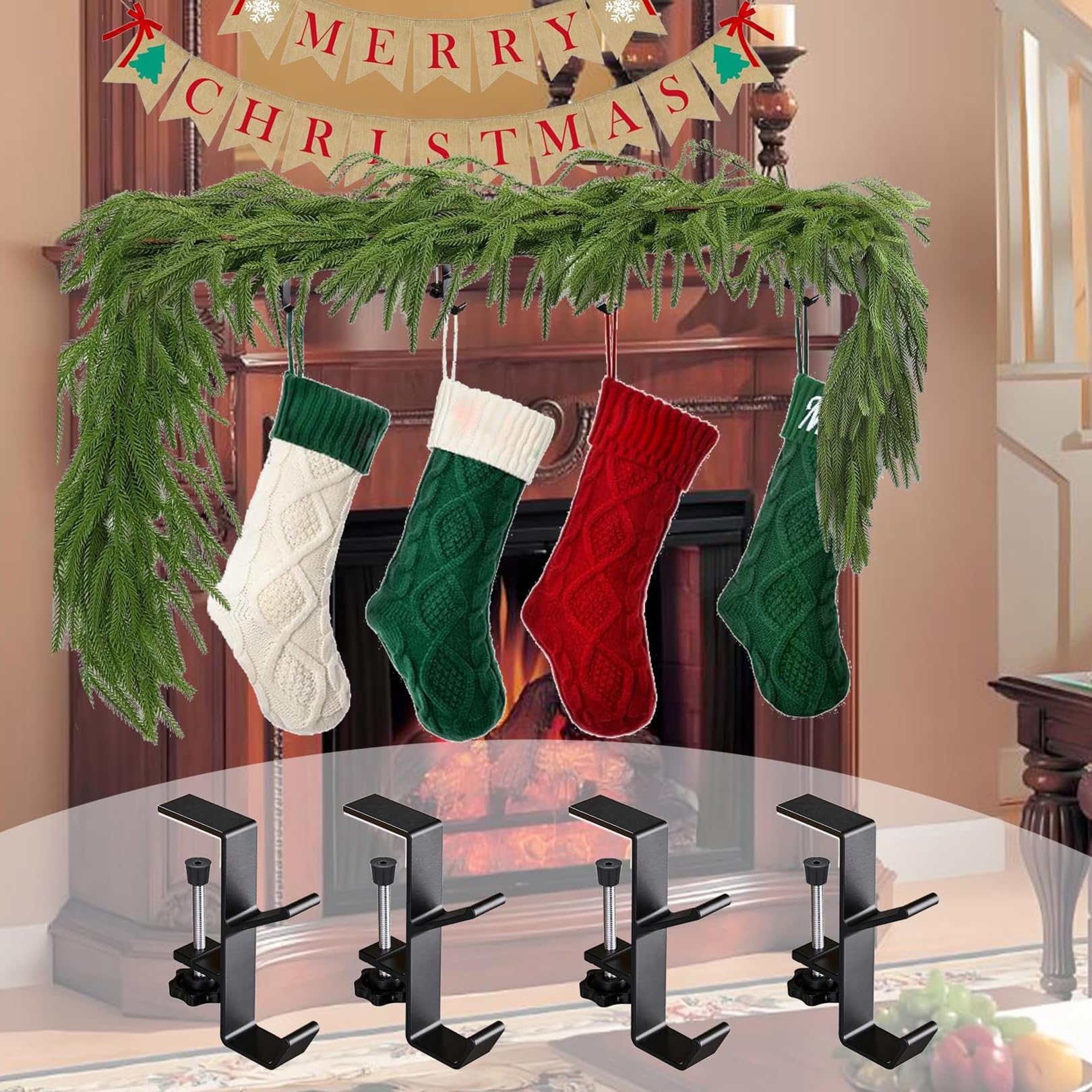 Merry & Bright Adjustable Black Double Hook Stocking & Garland Holders (Set of 4)