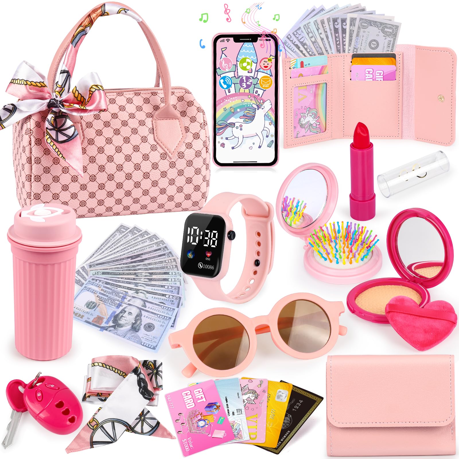 Merry and Bright 32-Piece Pink Travel Play Purse Set for Girls