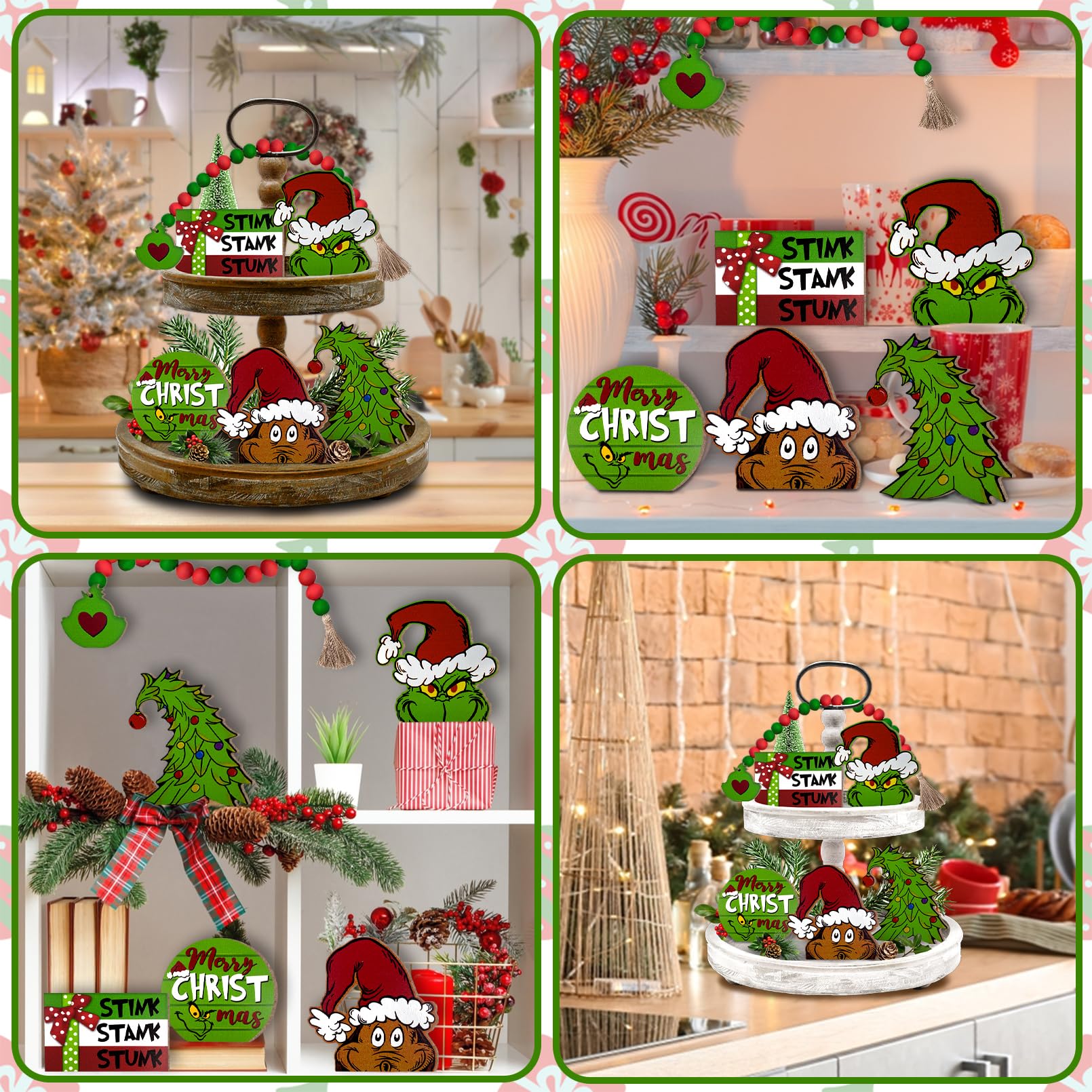 Merry & Bright: Green Christmas Tiered Tray Decor Set – 6-Piece Holiday Display