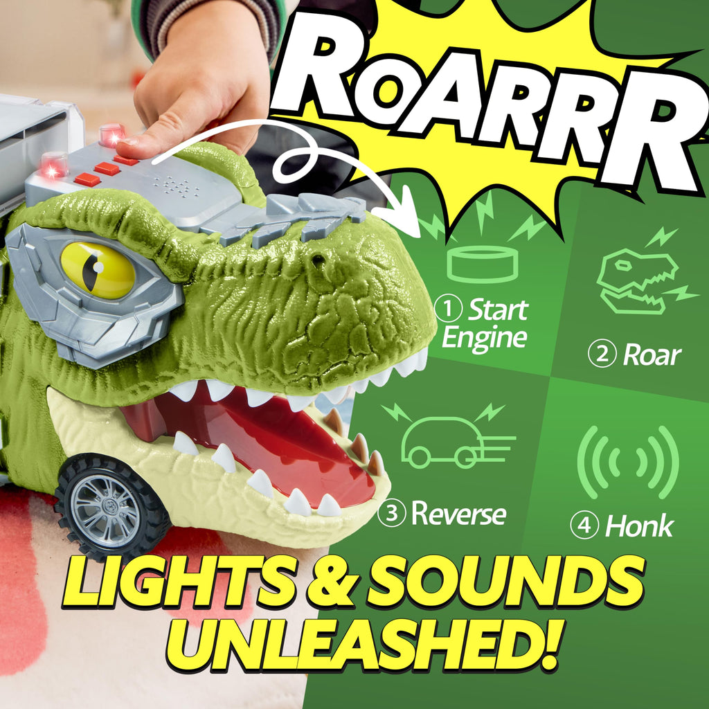 Merry and Bright Dinosaur Transport Carrier Truck with Mini Dinosaur Cars – 13-in-1 Play Set