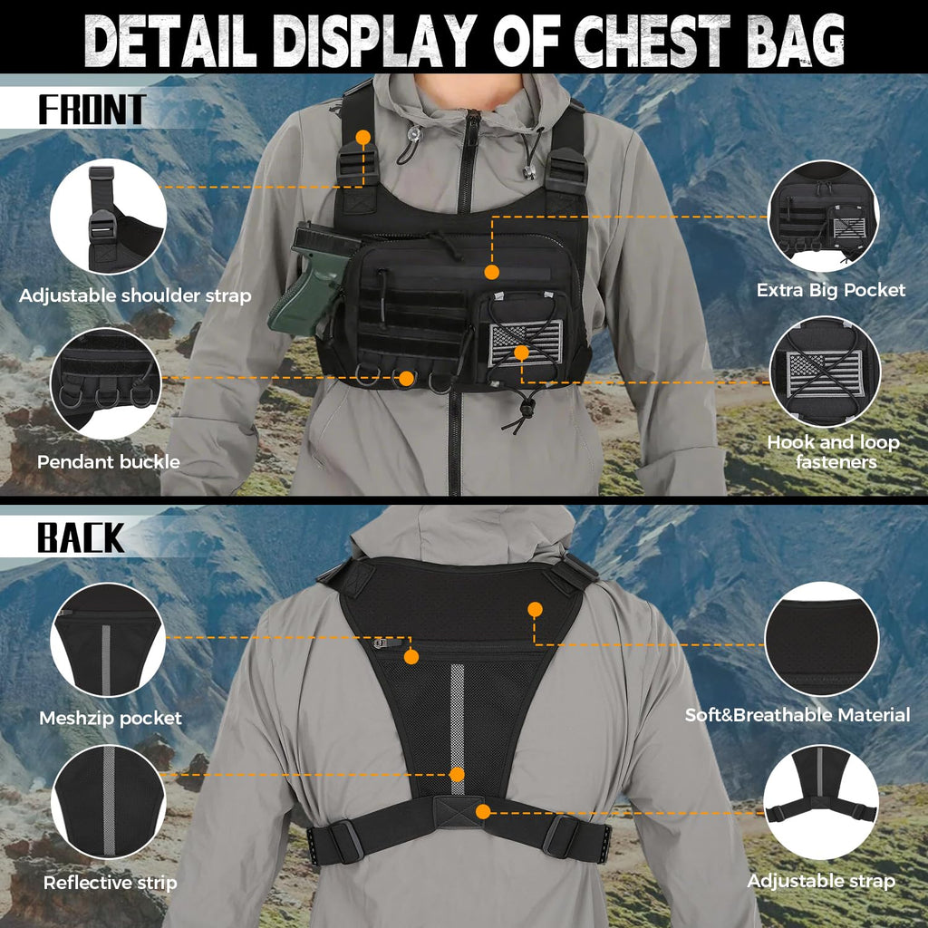Merry & Bright Outdoor Sports Chest Bag for Men, Chest Vest Holster Fits Most Pistols, Adjustable EDC Travel Chest Pack for Running, Hiking, Workouts (Black)