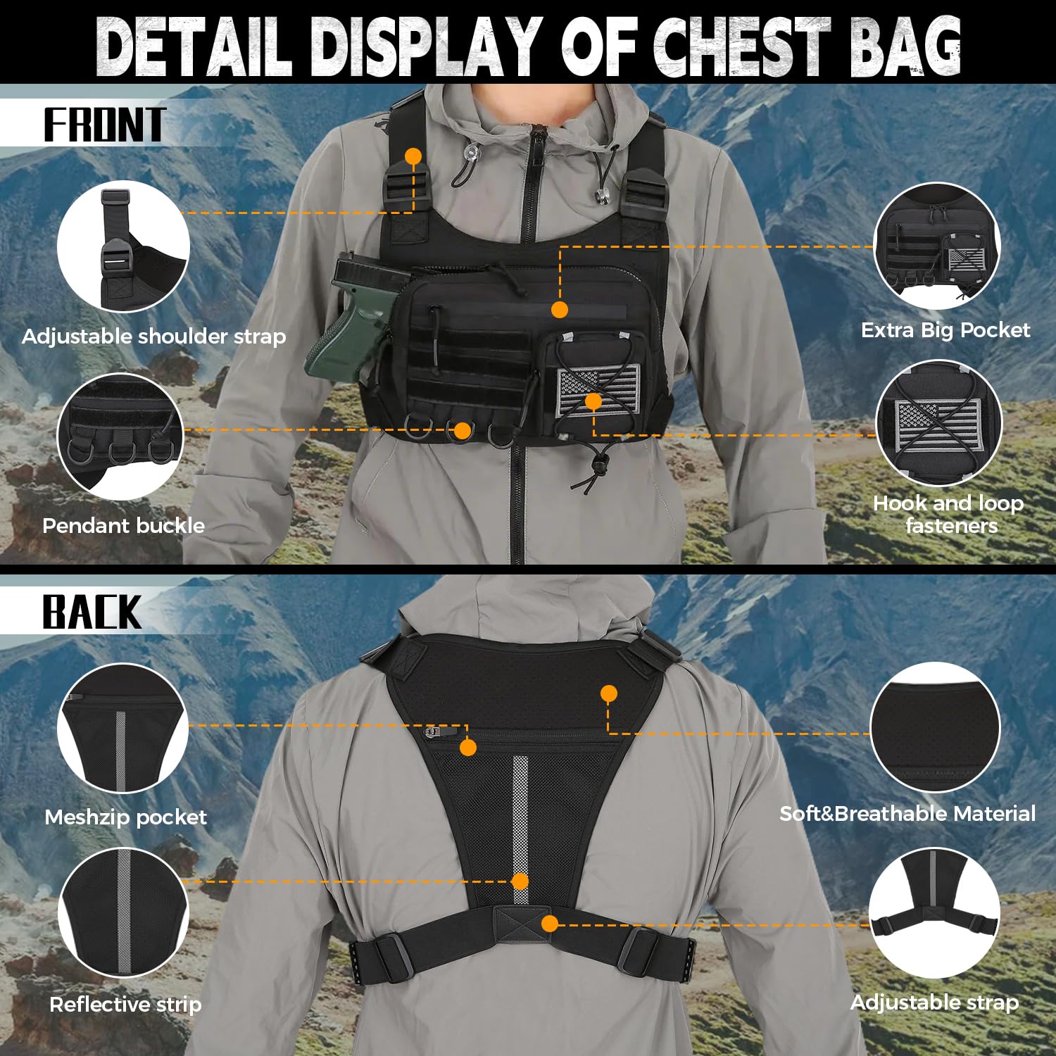 Merry & Bright Outdoor Sports Chest Bag for Men, Chest Vest Holster Fits Most Pistols, Adjustable EDC Travel Chest Pack for Running, Hiking, Workouts (Black)