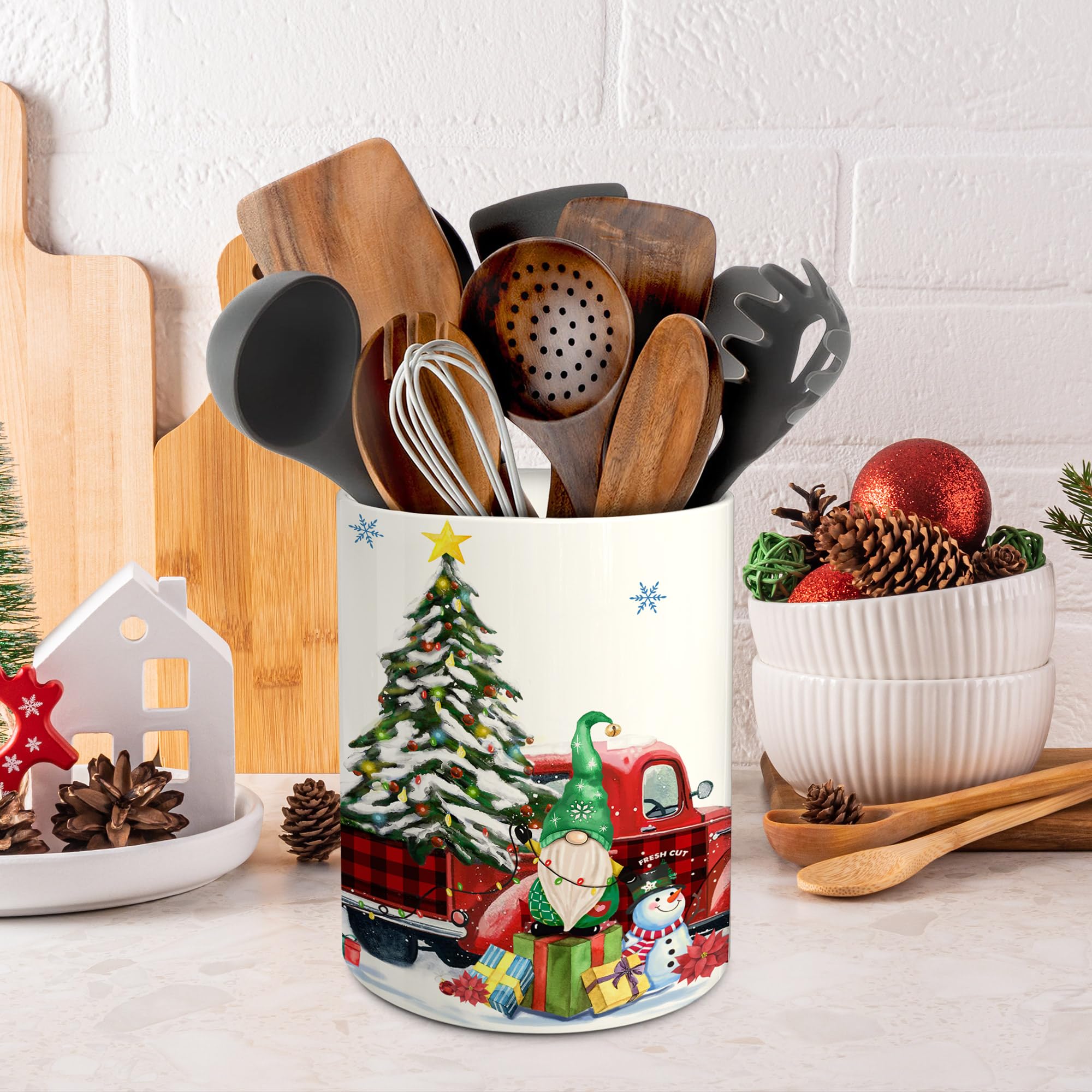 Merry & Bright: Christmas Gnome Kitchen Utensil Holder – Holiday Décor Ceramic