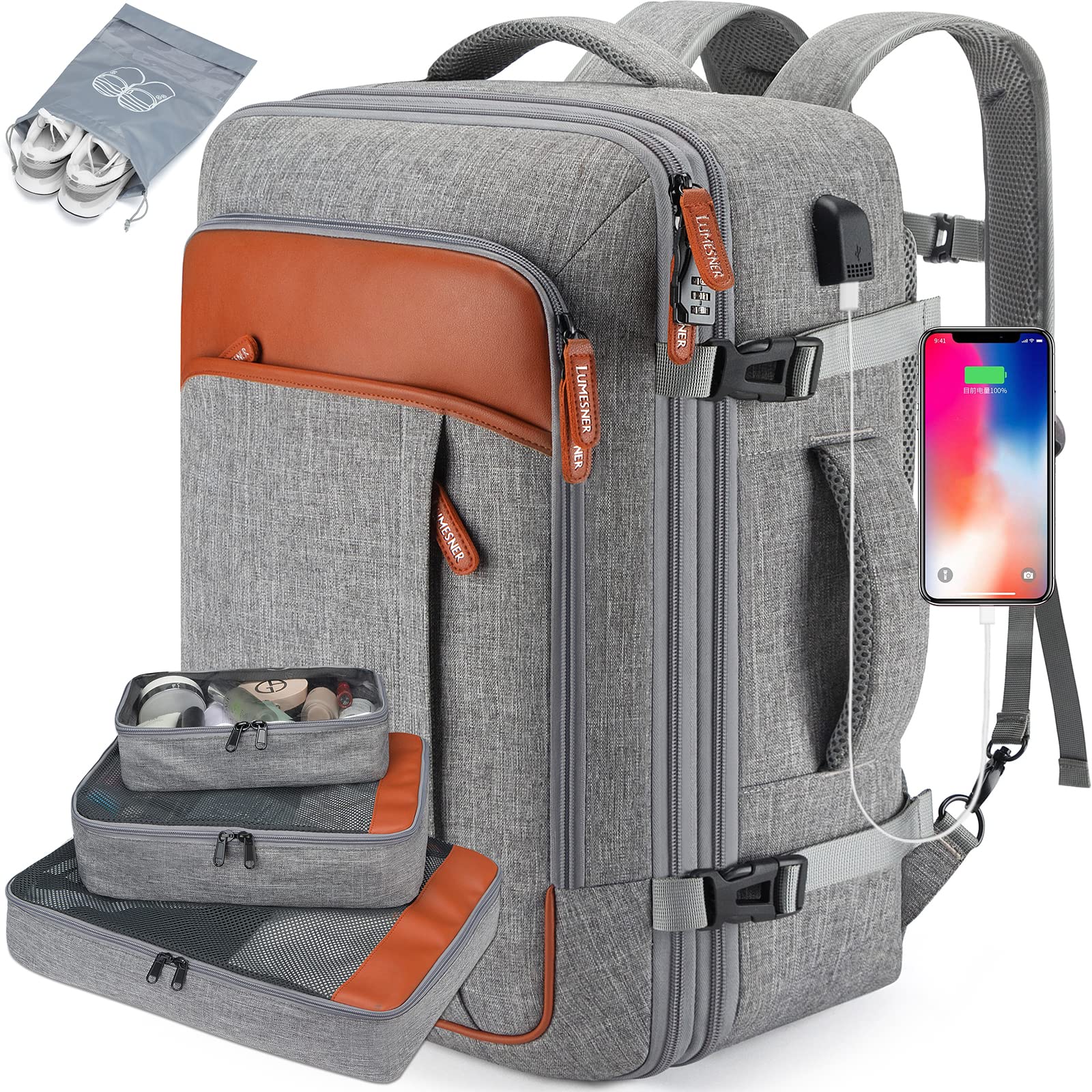 Merry & Bright Travel Backpack with 4 Packing Cubes – 40L Expandable Carry-On