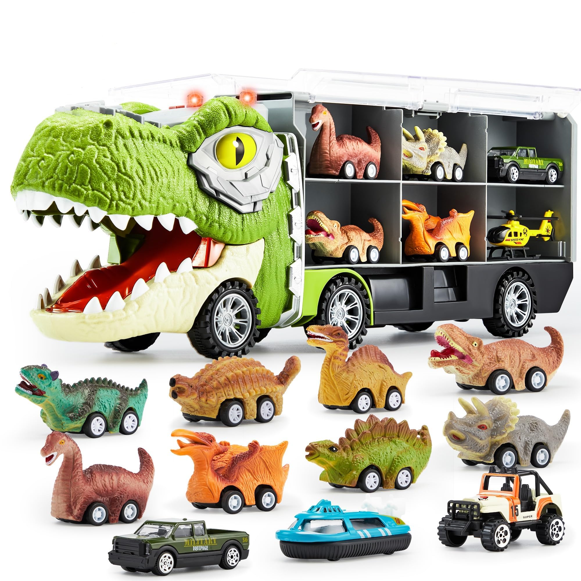 Merry and Bright Dinosaur Transport Carrier Truck with Mini Dinosaur Cars – 13-in-1 Play Set