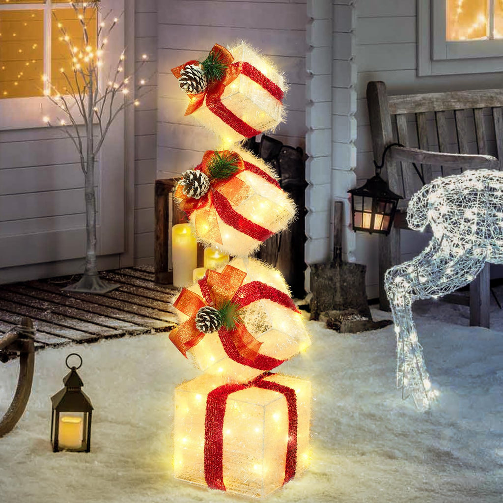 Merry & Bright: Warm White Lighted Christmas Stacking Gift Boxes – 4-Piece Holiday Decor