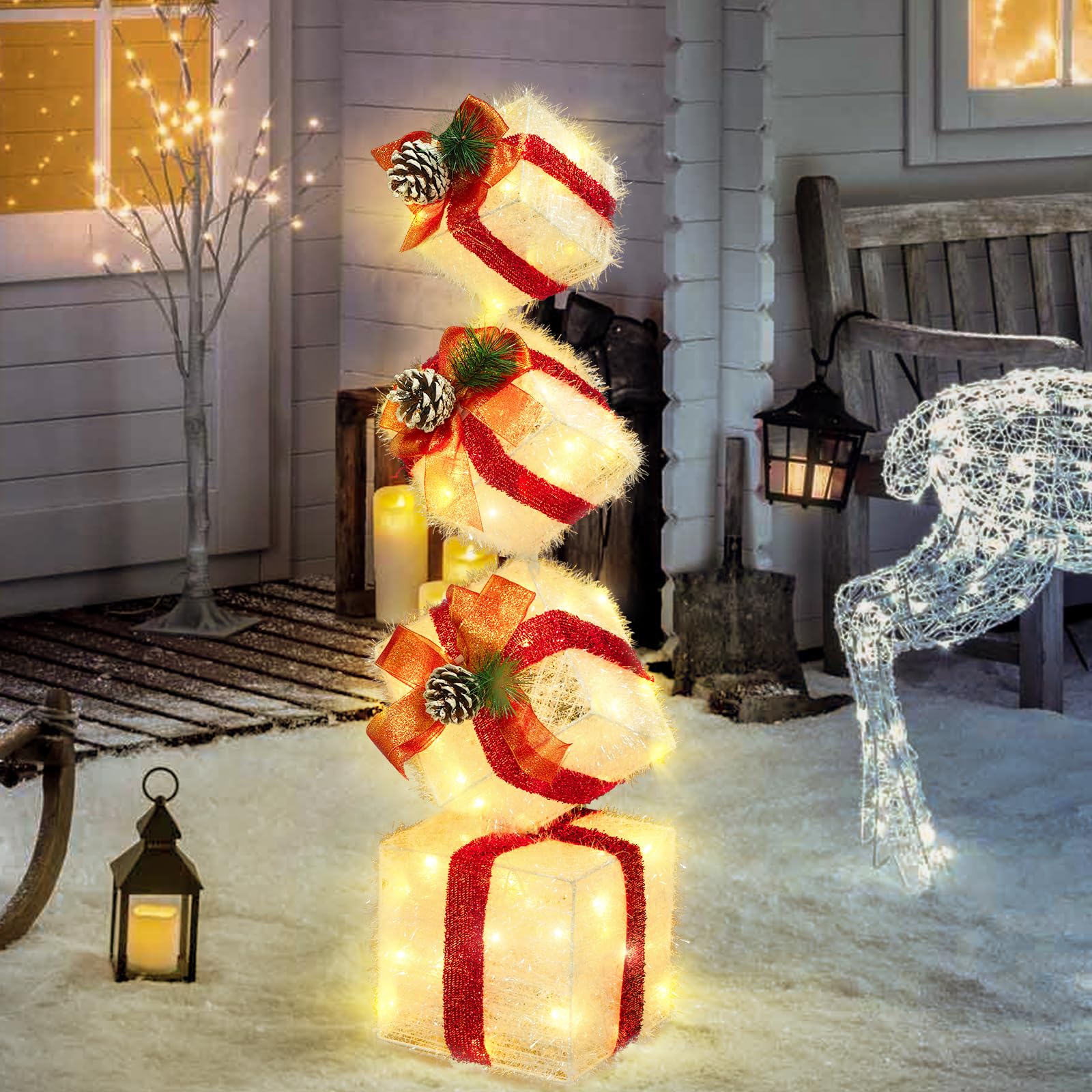 Merry & Bright: Warm White Lighted Christmas Stacking Gift Boxes – 4-Piece Holiday Decor