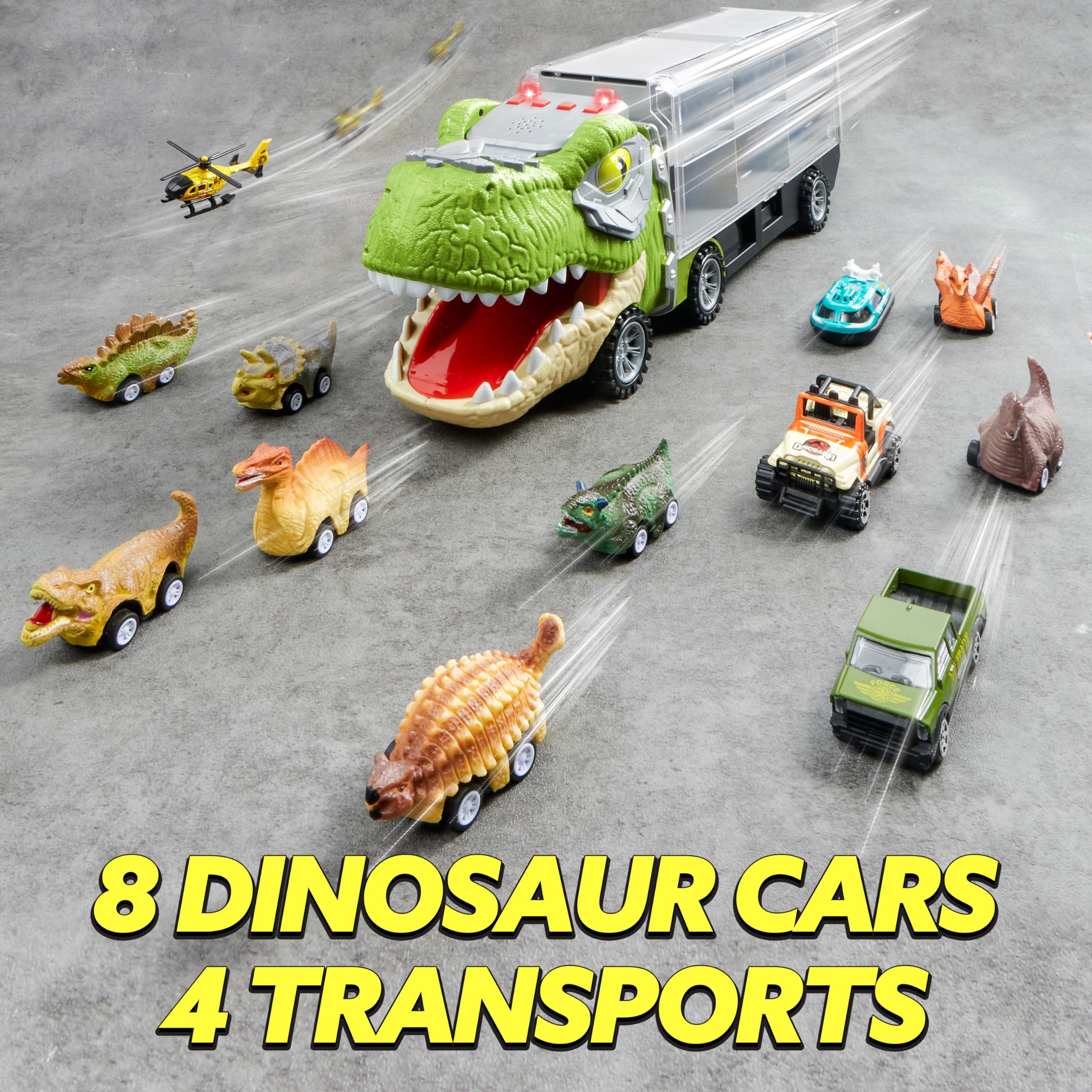 Merry and Bright Dinosaur Transport Carrier Truck with Mini Dinosaur Cars – 13-in-1 Play Set