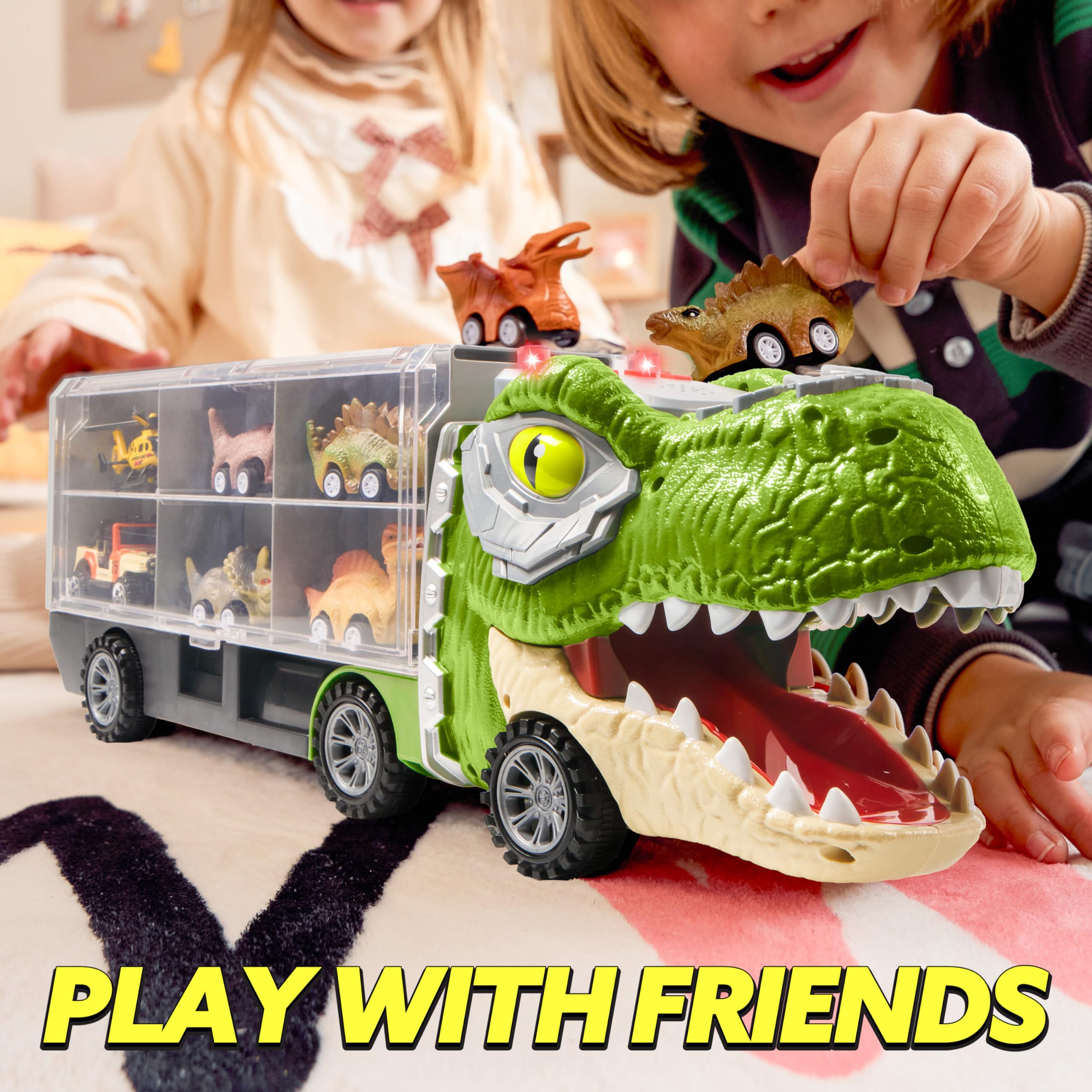 Merry and Bright Dinosaur Transport Carrier Truck with Mini Dinosaur Cars – 13-in-1 Play Set
