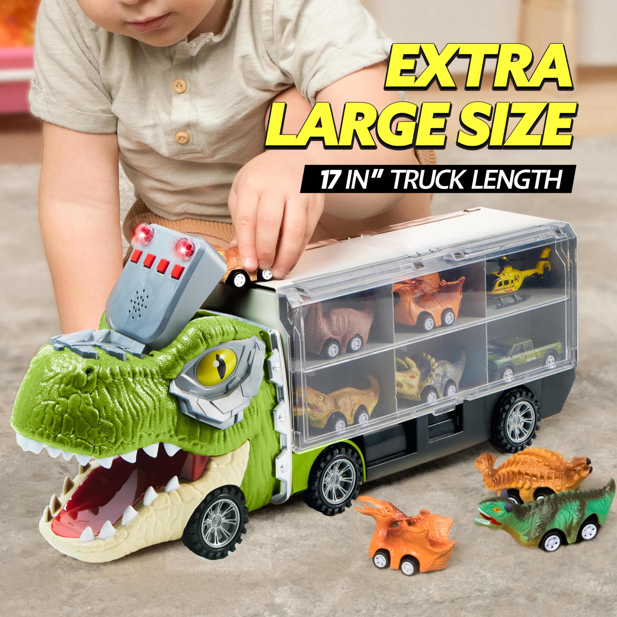 Merry and Bright Dinosaur Transport Carrier Truck with Mini Dinosaur Cars – 13-in-1 Play Set