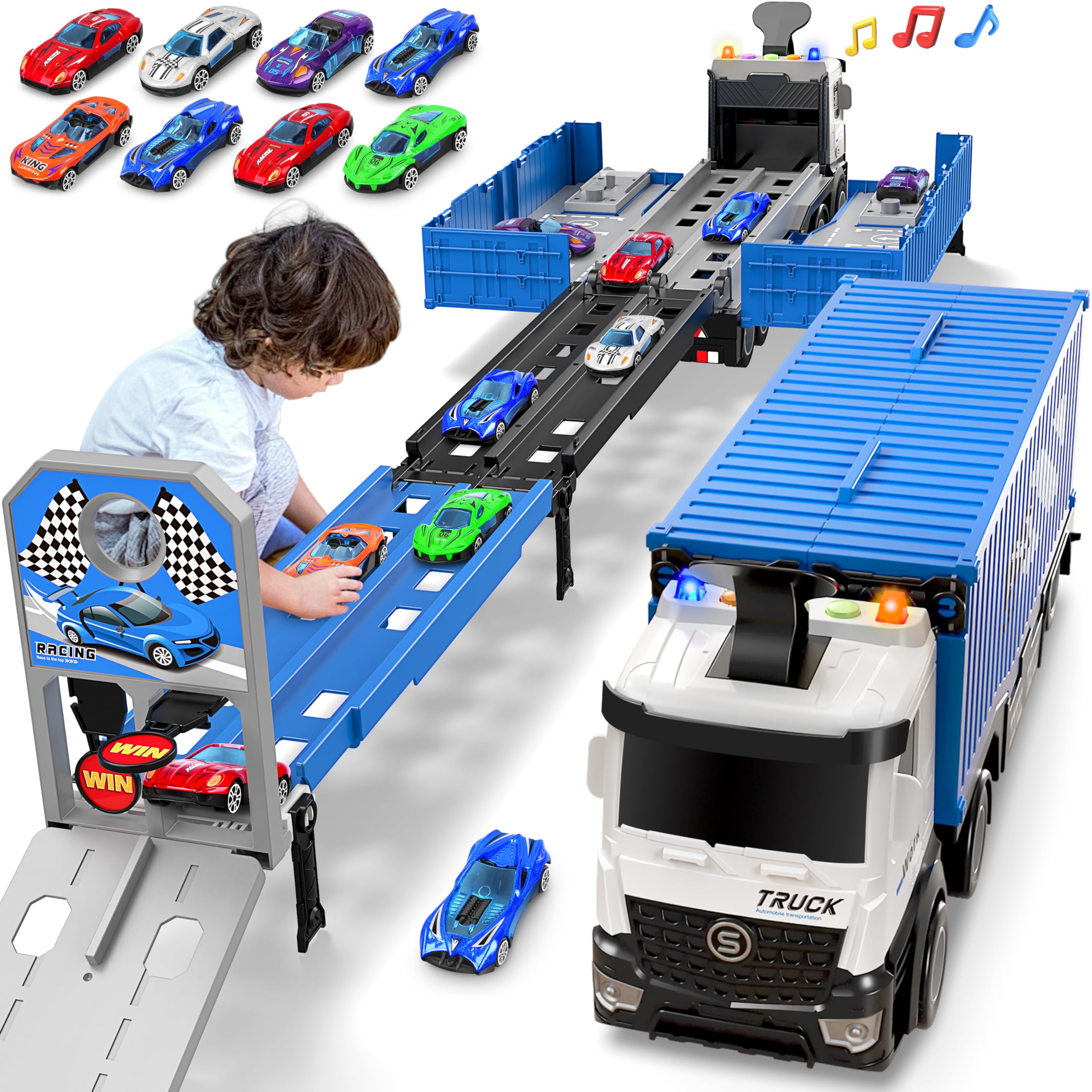Merry & Bright  3-in-1 Transform Truck Toy with 8 Race Cars for Kids