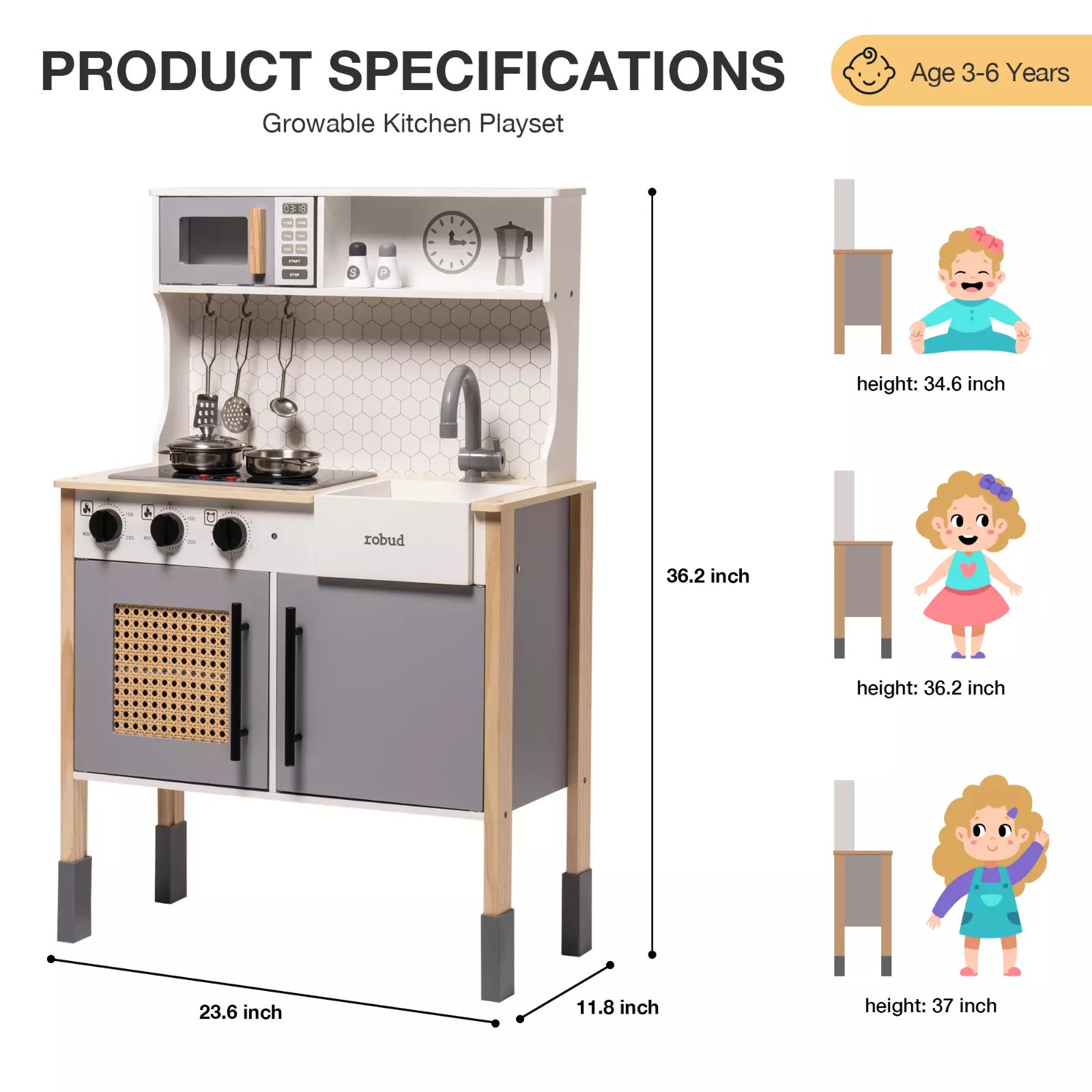 Merry & Bright  DIY Pretend Play Kitchen Cooking Toy Set Gift For Boys And Girls Gray